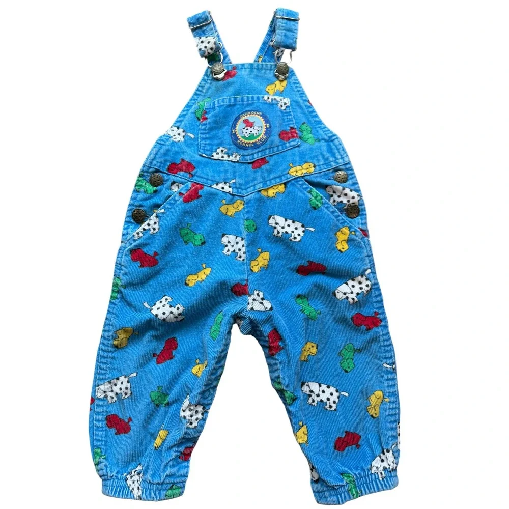 Vintage 90s OshKosh B'gosh Kennel Klub Overalls Blue Corduroy Dog Print Size 18M